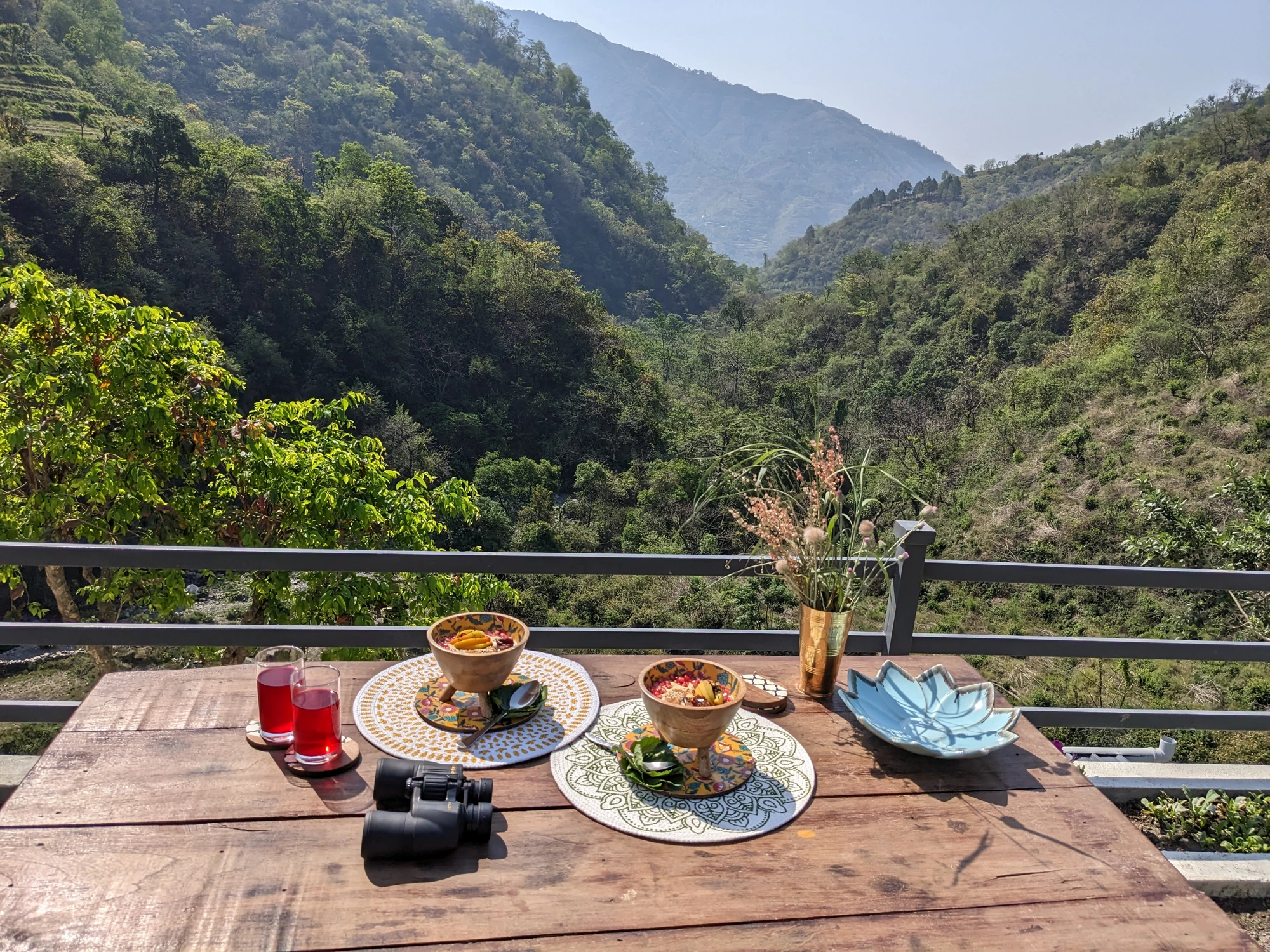 Breakfast table looking over the forested valley